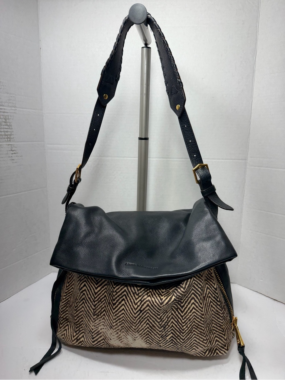AIMEE KESTENBERG Black Leather & Chevron Herringbone Shoulder Bag, animal print
